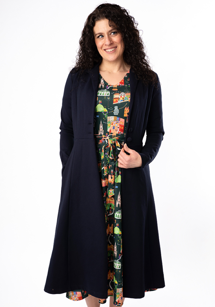 Front view of Carrington Navy Ponte Dress Coat (Coatigan)