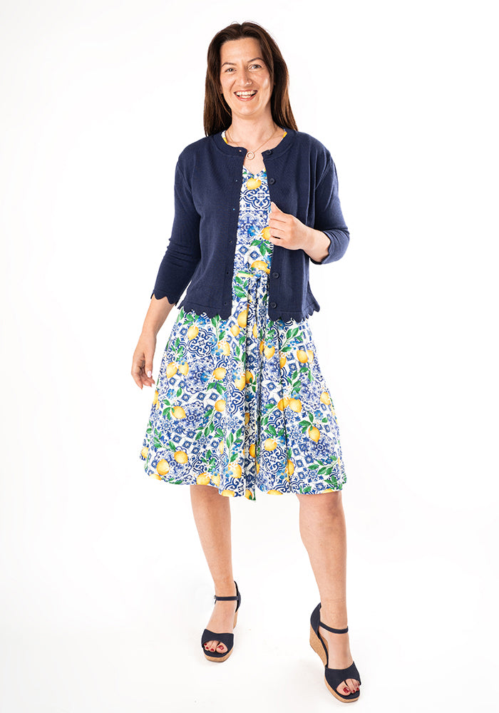 Navy Fine Knit Scallop Cardigan