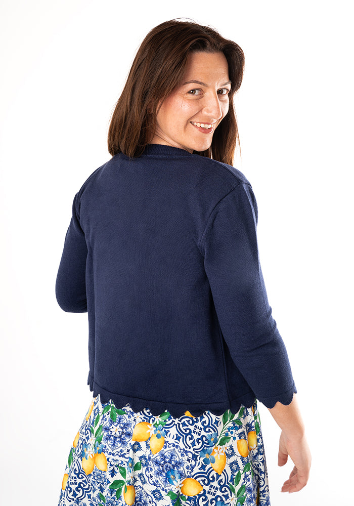Navy Fine Knit Scallop Cardigan