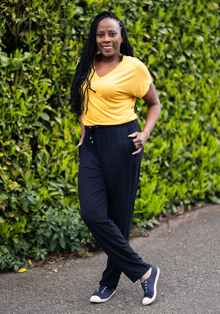 Third angle of Taylen Navy Harem Pants, this viscose elastane blend is soft, breathable, and beautifully drapey.
