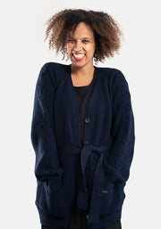 Navy Long Line Cable Sleeve Cardigan