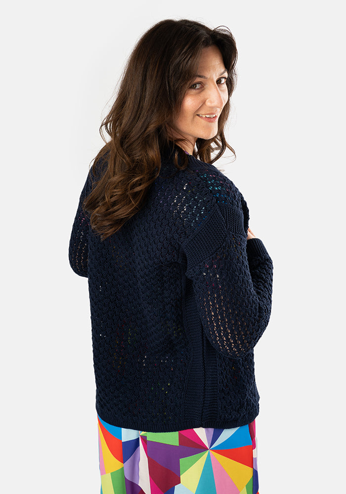 Second angle of Navy Open Knit Cardigan