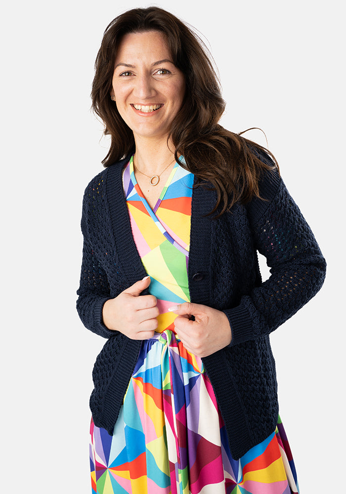 Front view of Navy Open Knit Cardigan