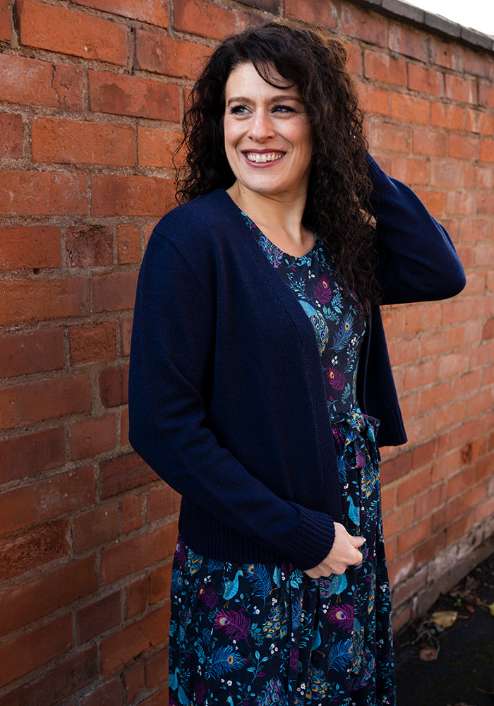 Sixth angle of Navy Ribbed Cuffed Cardigan