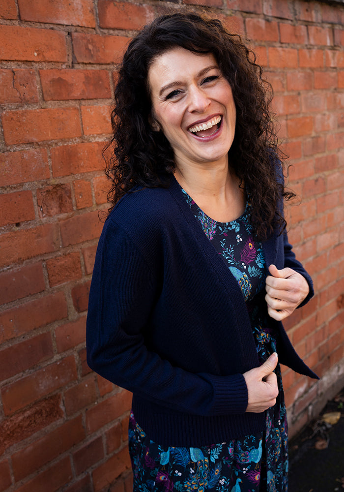 Front view of Navy Ribbed Cuffed Cardigan