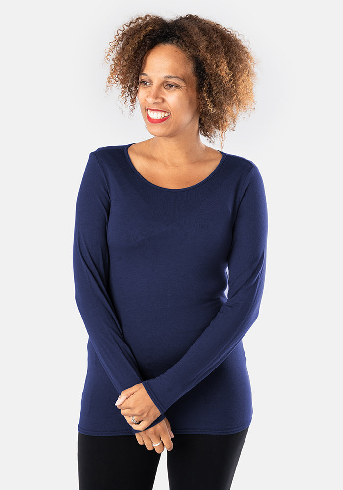 Front view of Navy Long Sleeve Round Neck Top