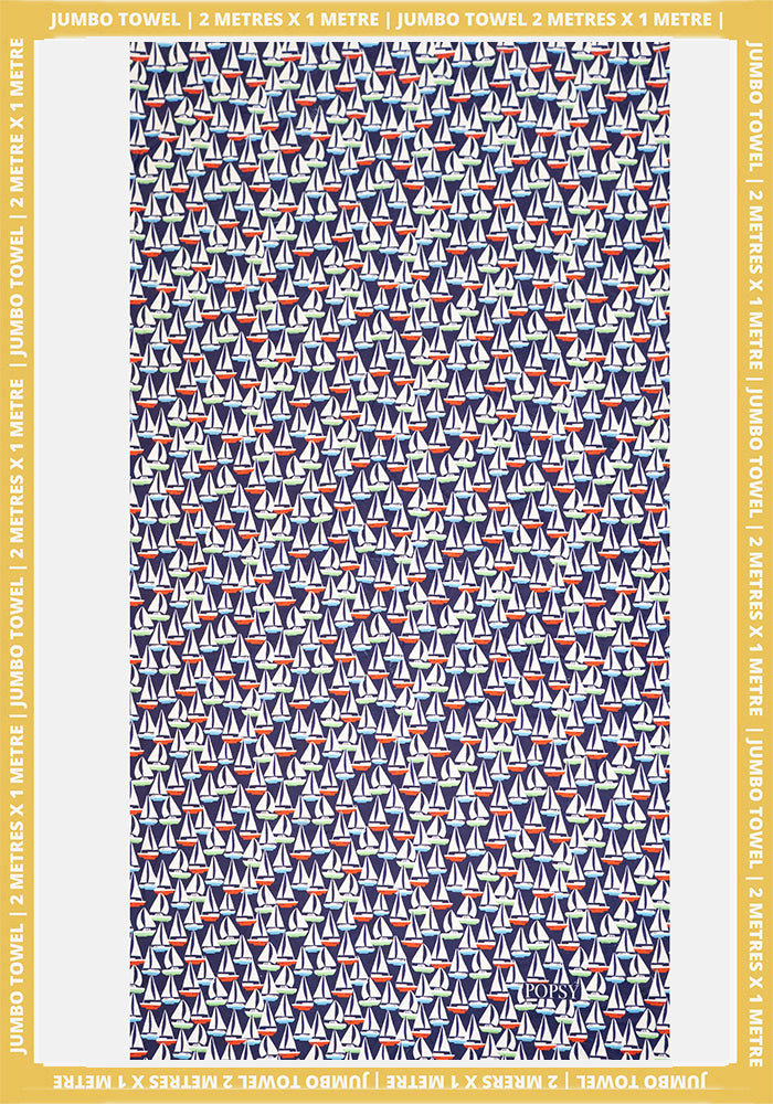 Front view of Navy Sailboats Print Jumbo Bath Sheet