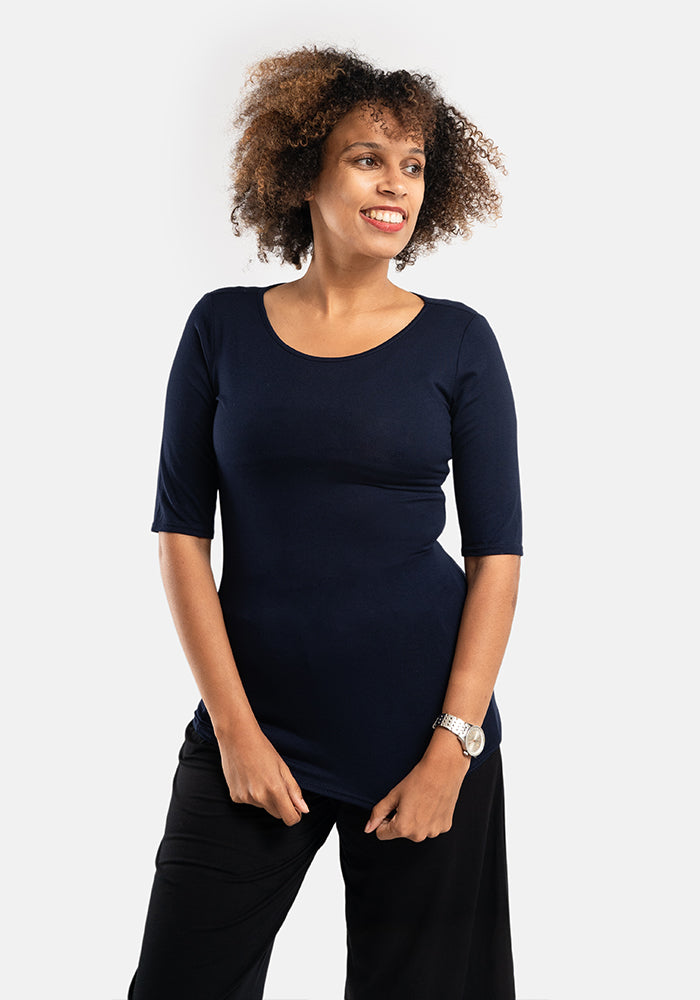 Front view of Navy 1 and 2 Sleeve Round Neck Top