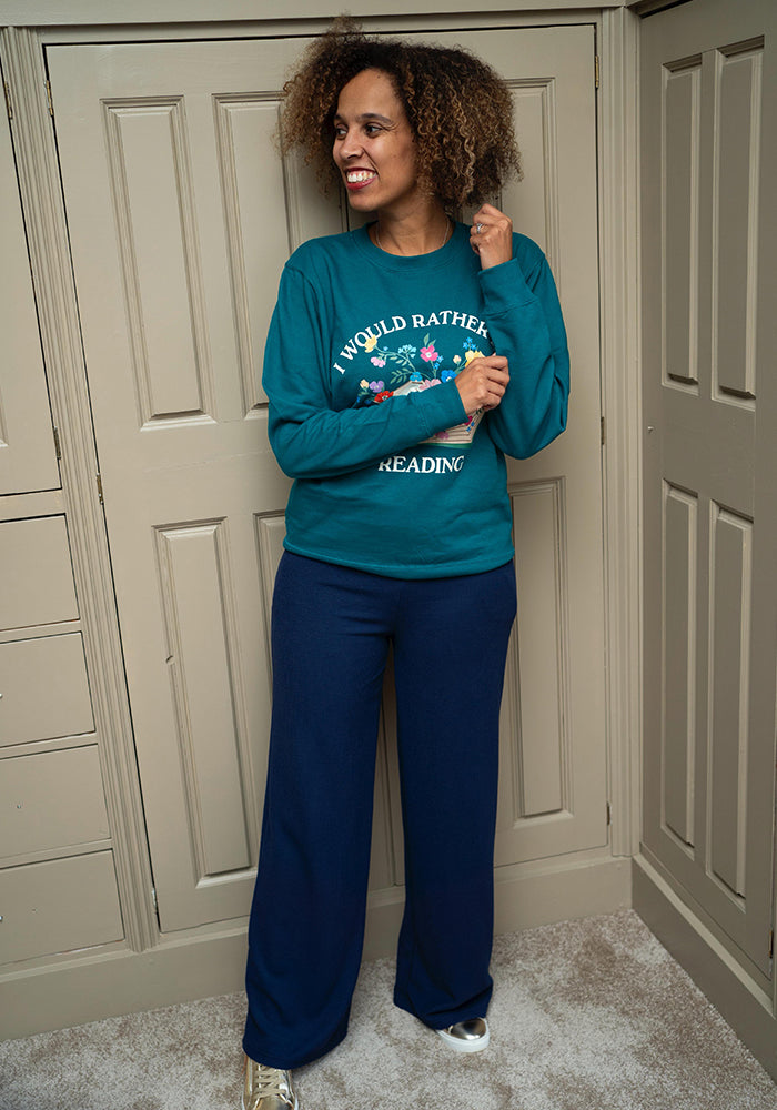 Front view of Kamila Navy Crinkle Rib Trousers