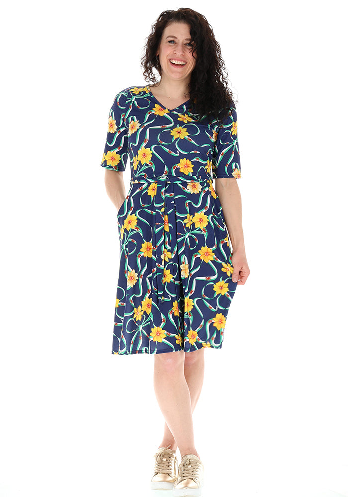 Sixth angle of Navy Wales Print Flat Waist Jersey Dress