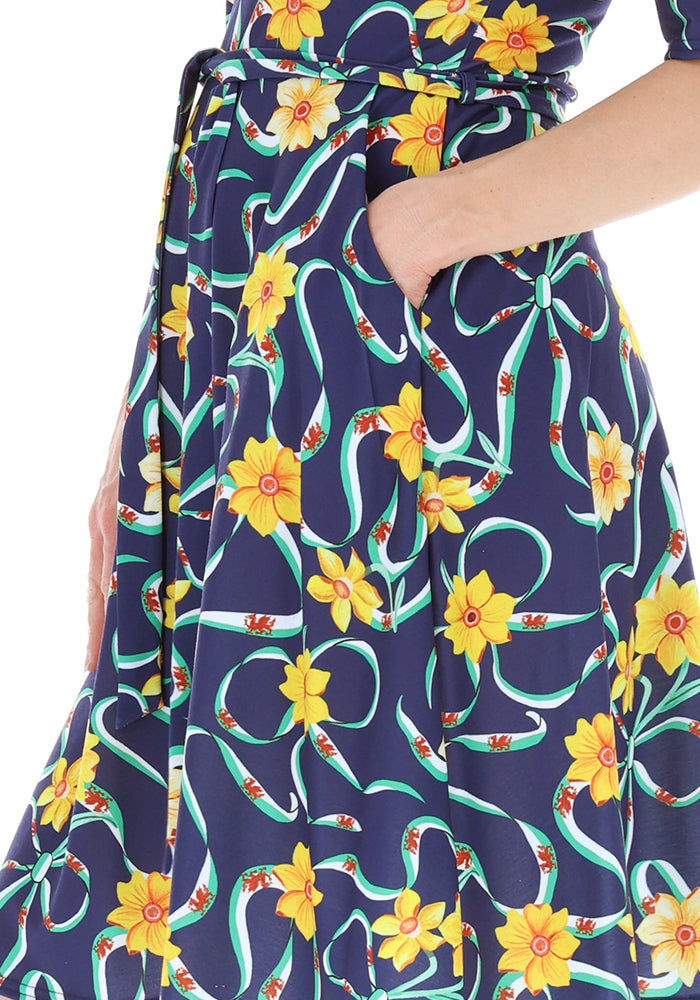 Fifth angle of Navy Wales Print Flat Waist Jersey Dress