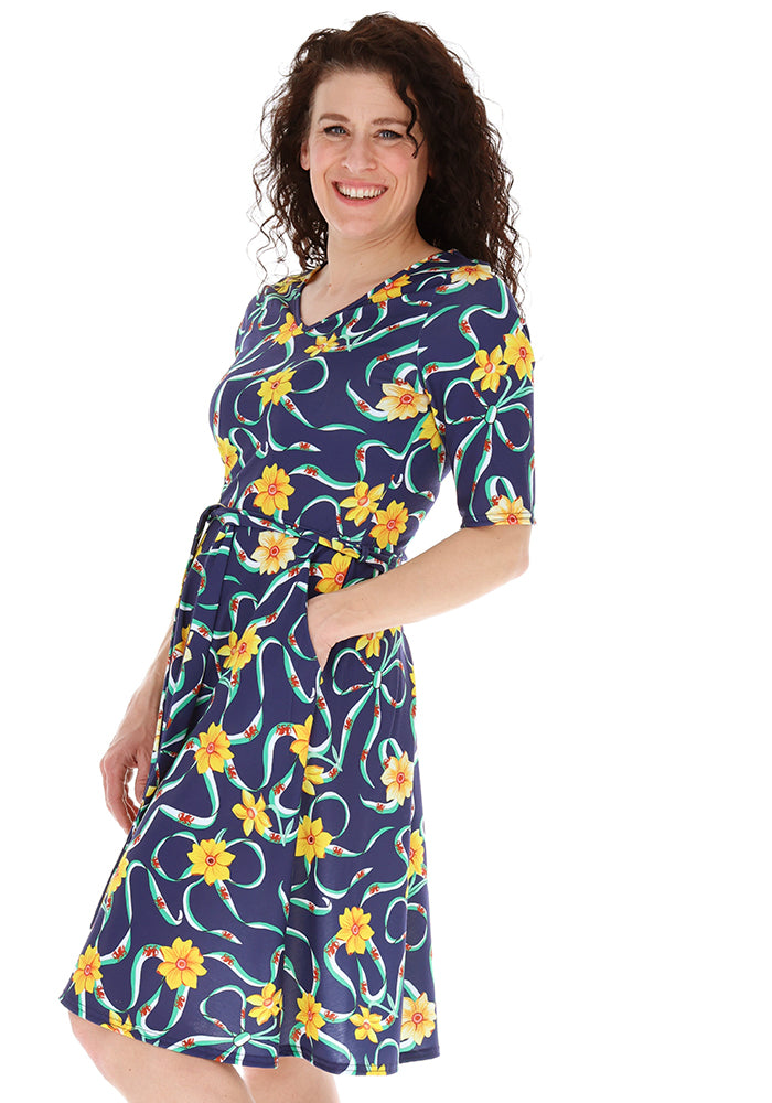 Fourth angle of Navy Wales Print Flat Waist Jersey Dress