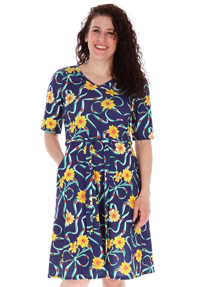 Front view of Navy Wales Print Flat Waist Jersey Dress