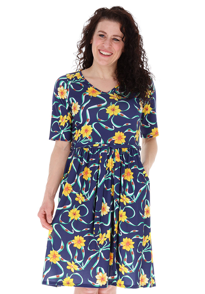 Fourth angle of Navy Wales Print Gathered Waist Jersey Dress