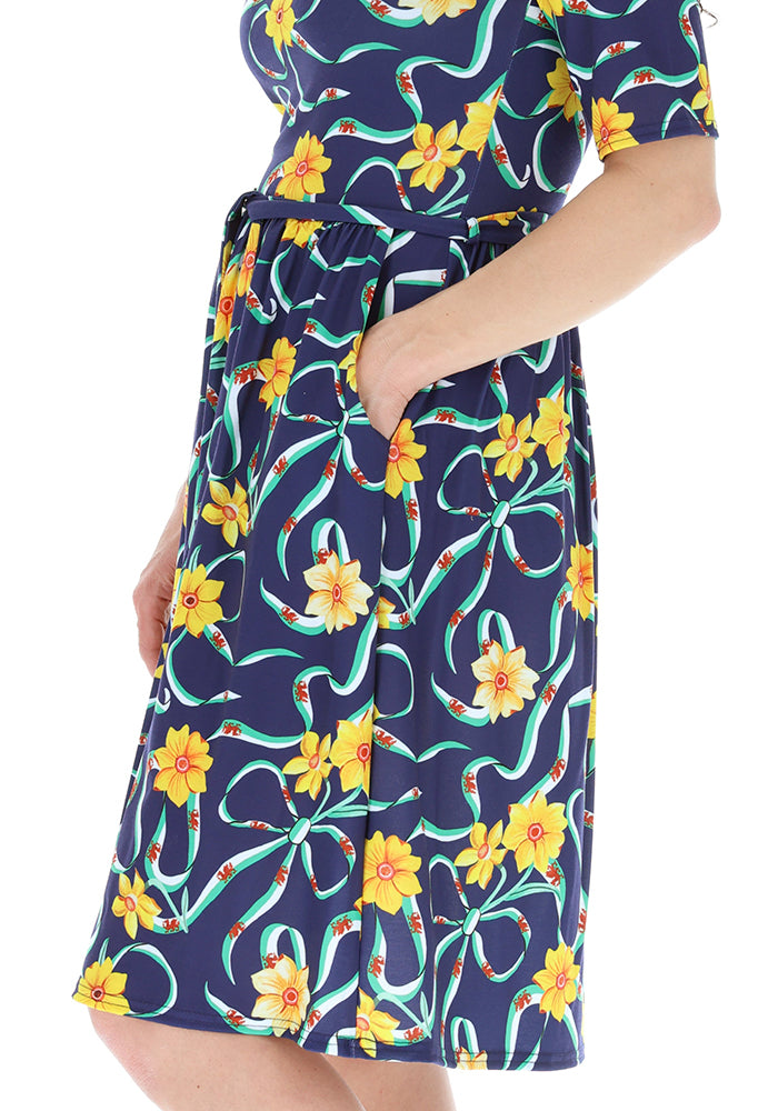Third angle of Navy Wales Print Gathered Waist Jersey Dress