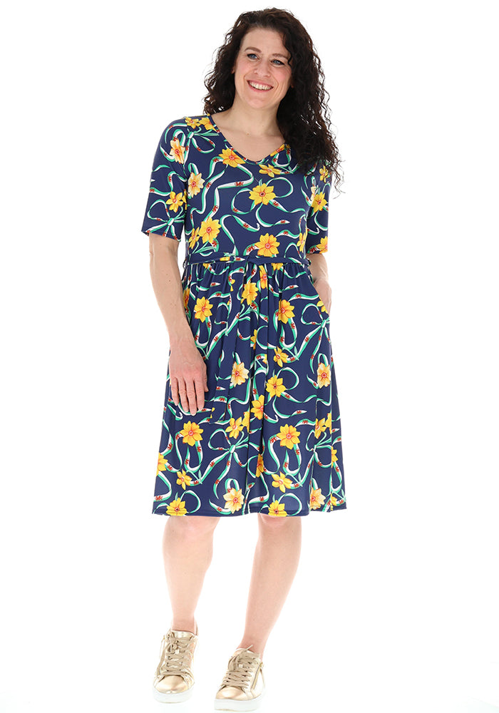 Front view of Navy Wales Print Gathered Waist Jersey Dress