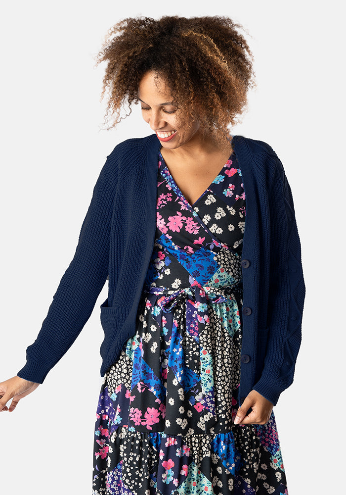 Front view of Navy Cable Sleeve Cardigan