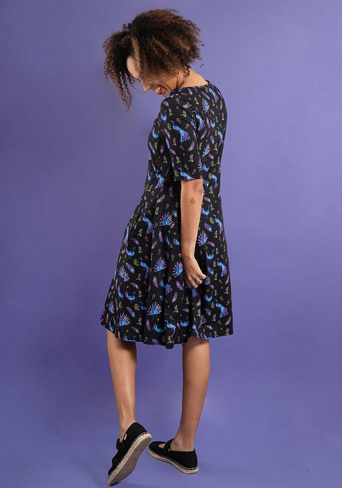 Neela Peacocks Print Trapeze Dress