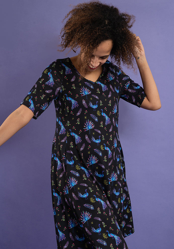 Neela Peacocks Print Trapeze Dress