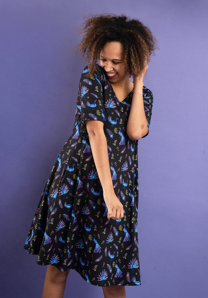 Neela Peacocks Print Trapeze Dress