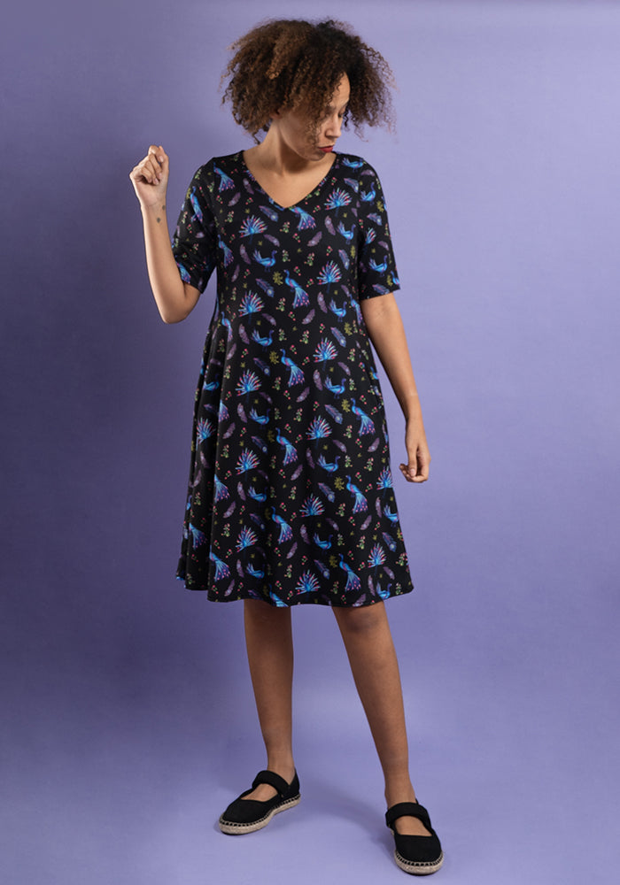 Neela Peacocks Print Trapeze Dress