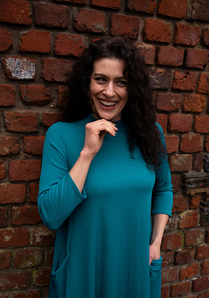 Seventh angle of Nell Teal Turtle Neck Long Line Tunic