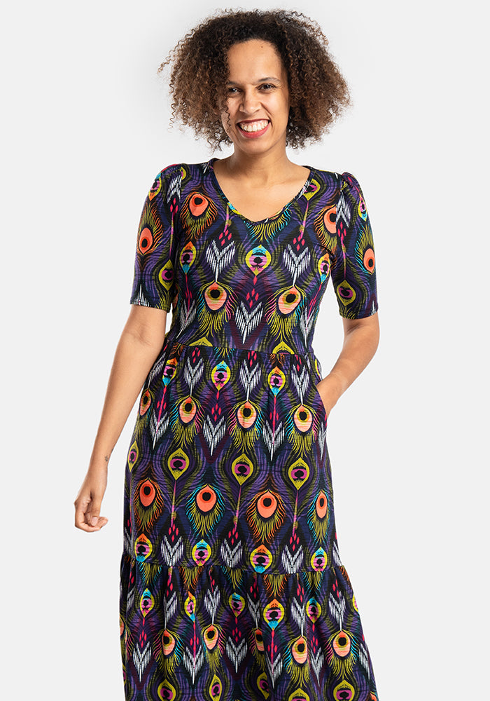 Nemali Peacock Feathers Print Cotton Midaxi Dress