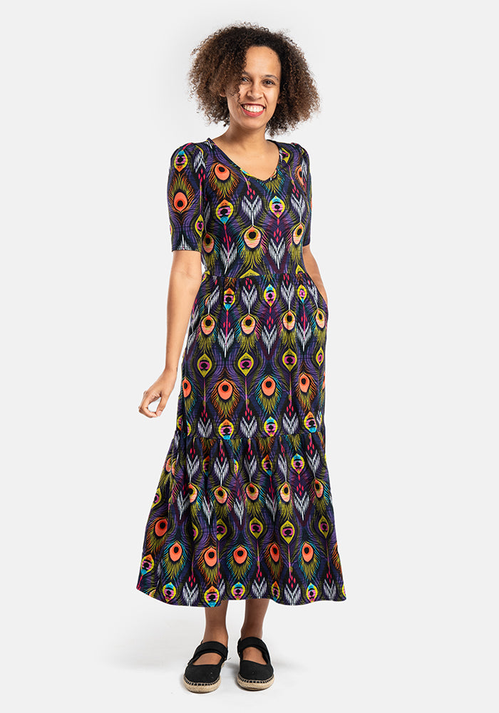 Nemali Peacock Feathers Print Cotton Midaxi Dress