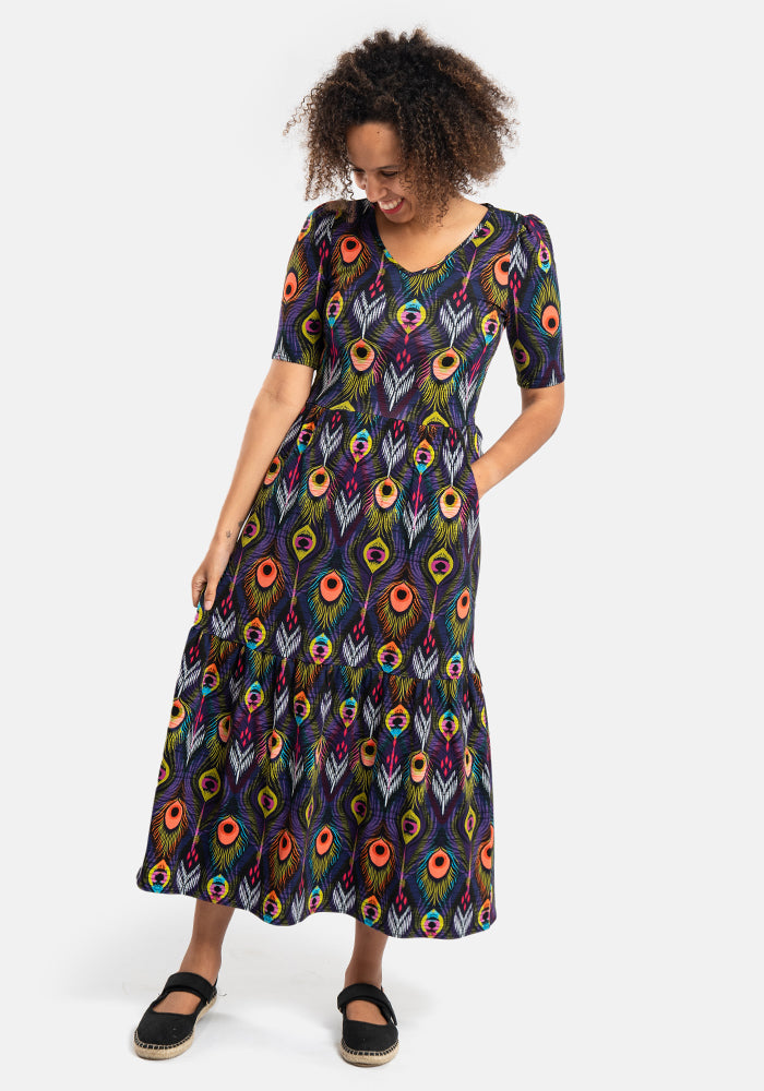 Nemali Peacock Feathers Print Cotton Midaxi Dress