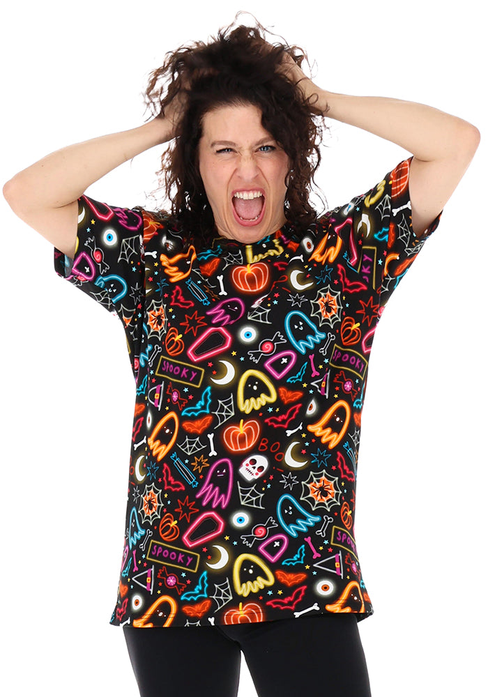 Neon Spooky Fun Print Adults Cotton T-Shirt