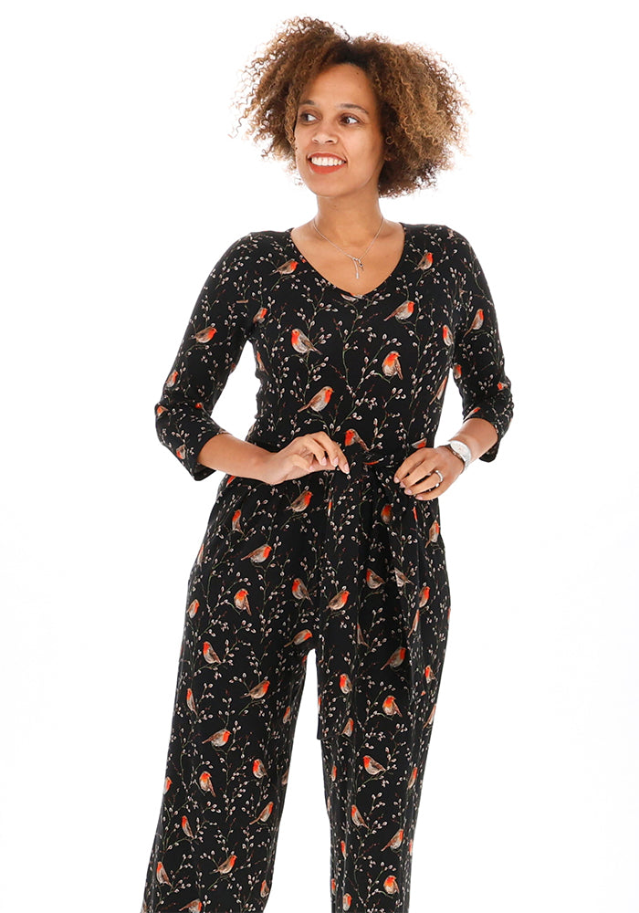 Nevella Black Robins Print Cotton Full Length Jumpsuit