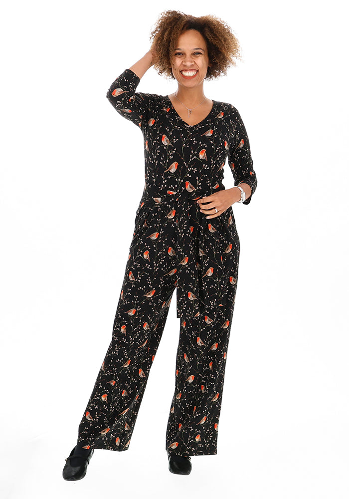 Nevella Black Robins Print Cotton Full Length Jumpsuit