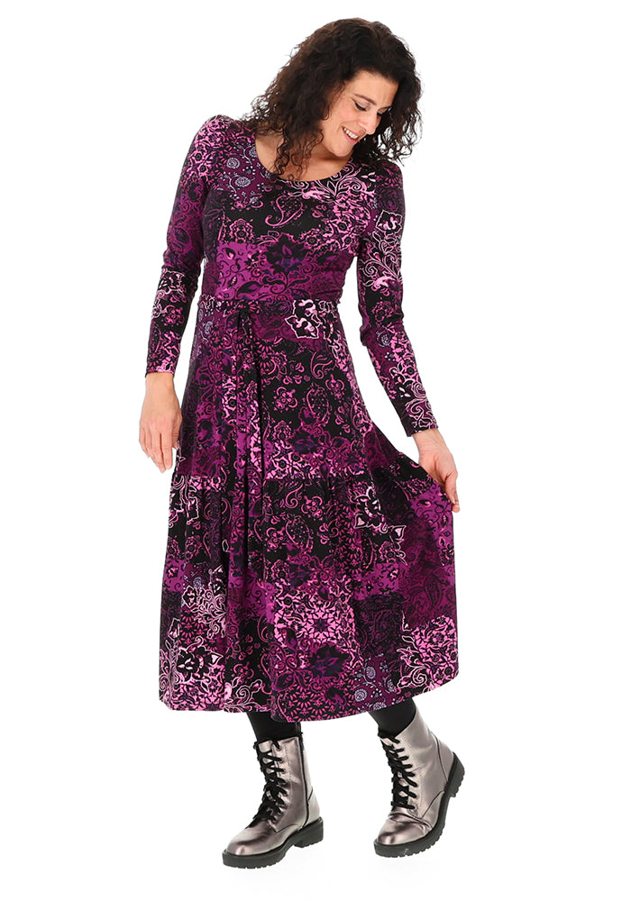 Nia Plum Patchwork Paisley Print Cotton Midi Dress