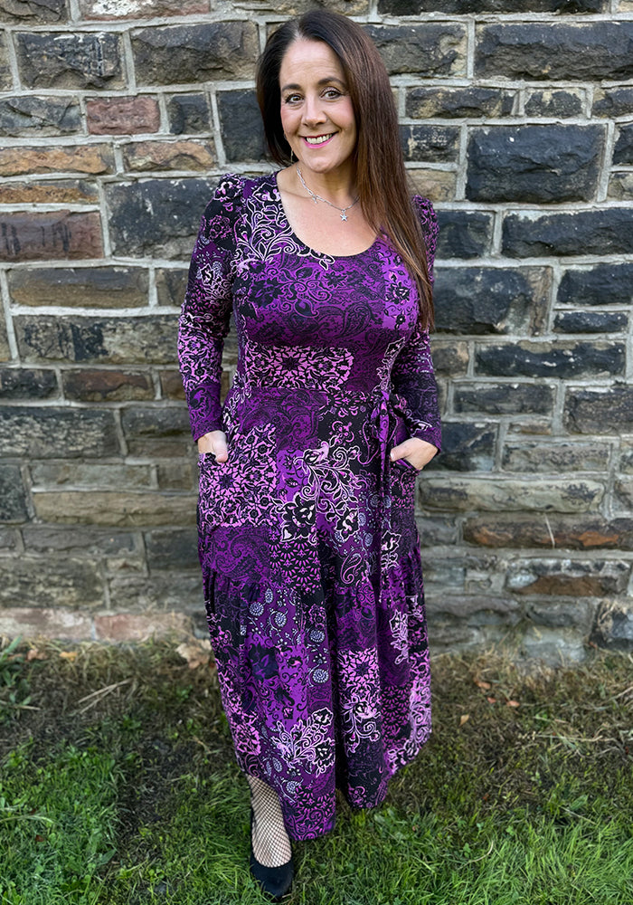 Nia Plum Patchwork Paisley Print Cotton Midi Dress
