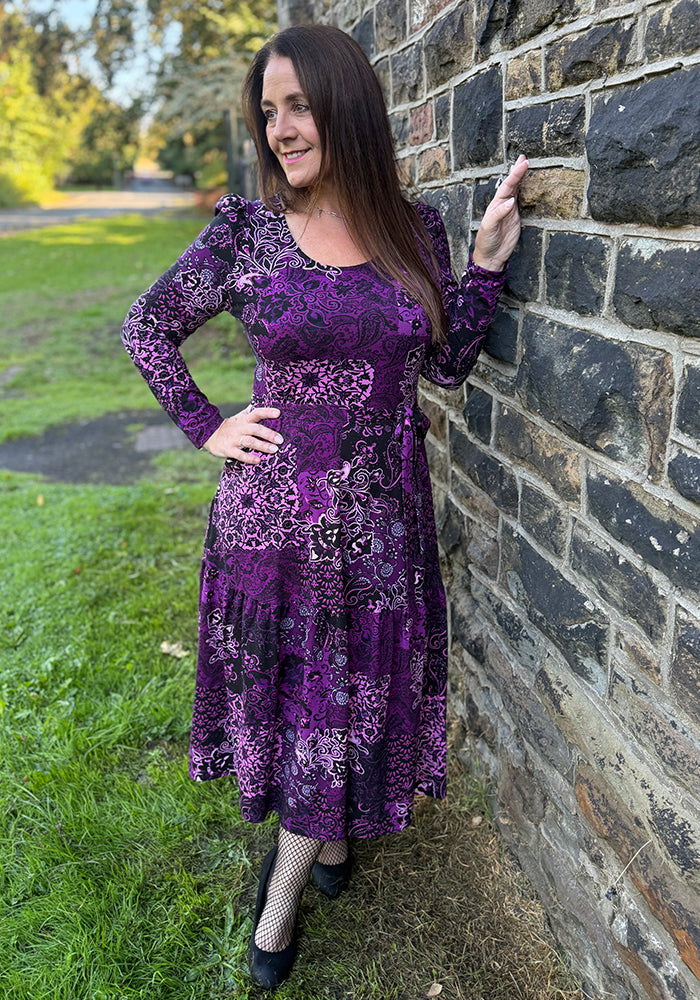 Nia Plum Patchwork Paisley Print Cotton Midi Dress