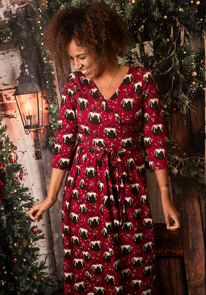 Nicolia Christmas Puddings Print Midi Cotton Dress