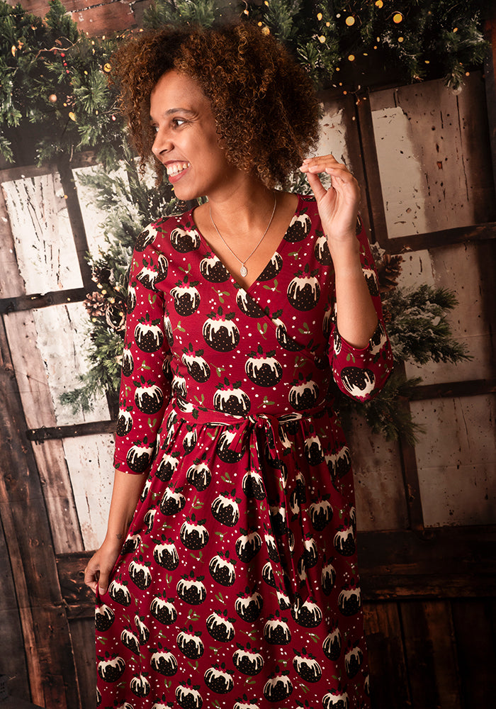 Nicolia Christmas Puddings Print Midi Cotton Dress