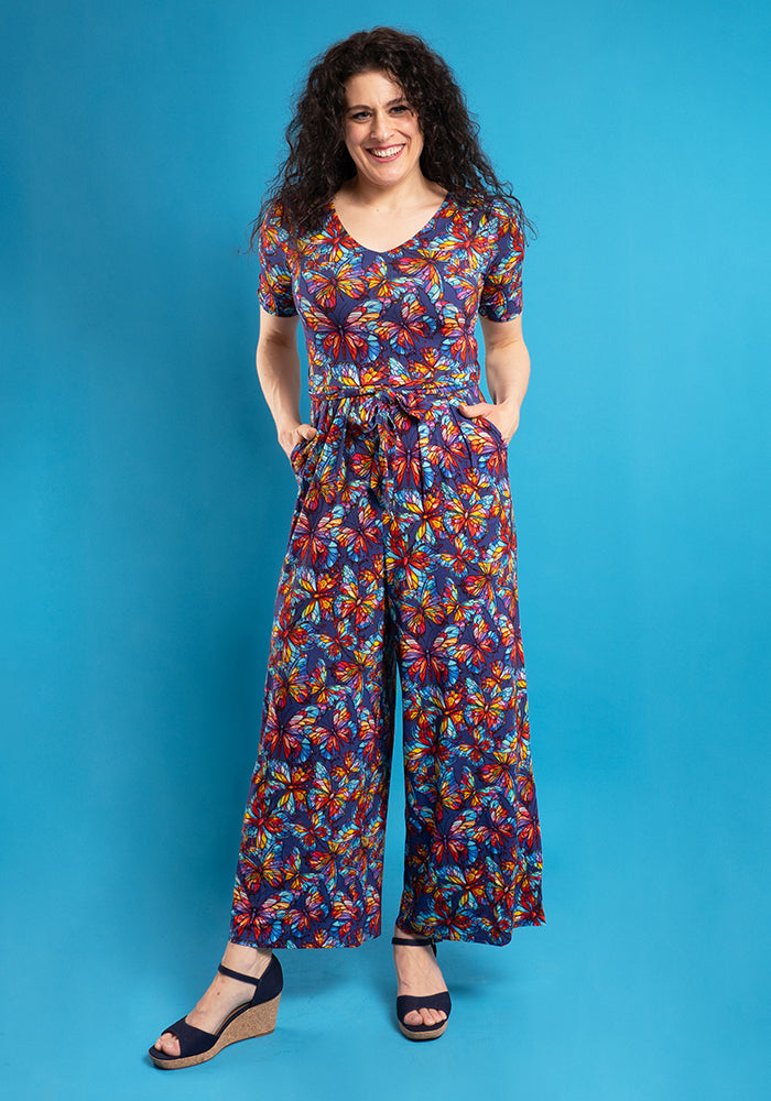 Third angle of Nigella Stained Glass Butterfly Print Viscose Culotte Leg Jumpsuit