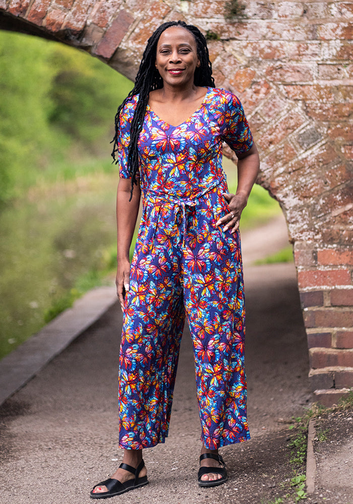 Seventh angle of Nigella Stained Glass Butterfly Print Viscose Culotte Leg Jumpsuit
