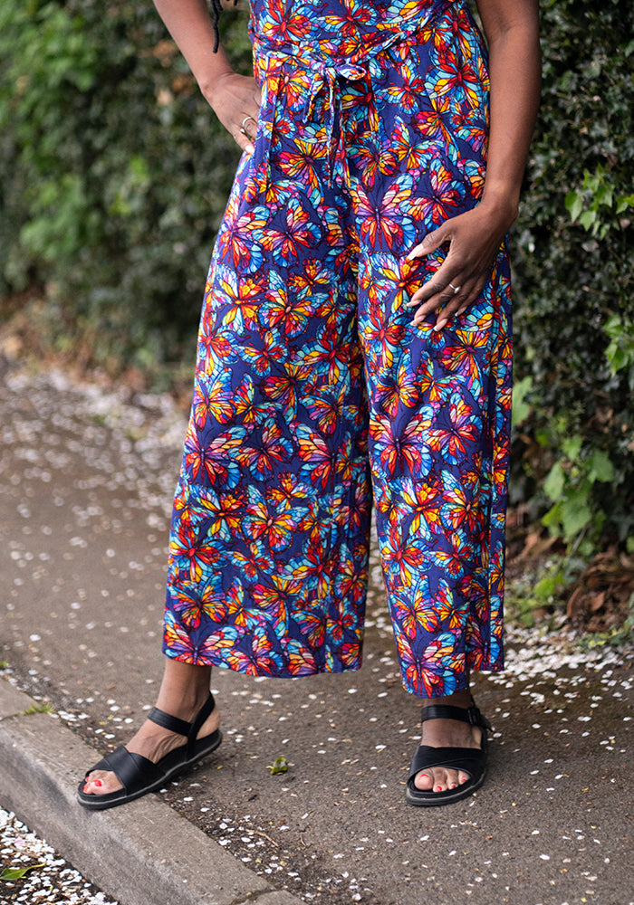 Sixth angle of Nigella Stained Glass Butterfly Print Viscose Culotte Leg Jumpsuit