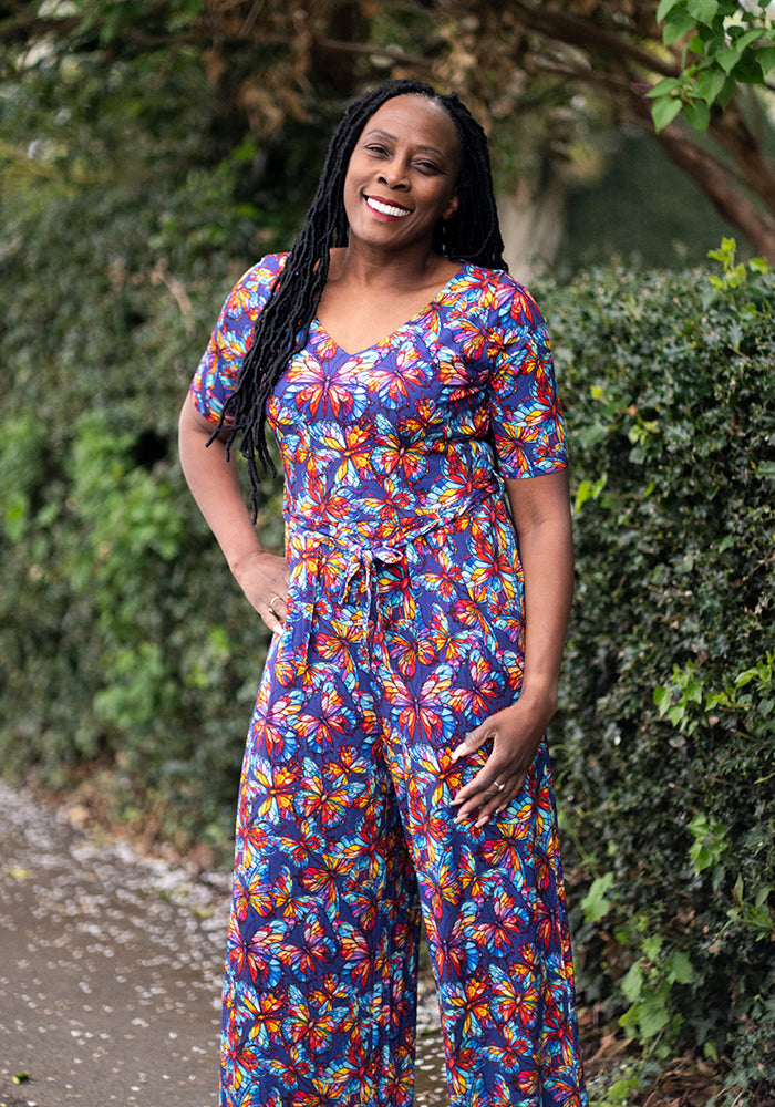 Fourth angle of Nigella Stained Glass Butterfly Print Viscose Culotte Leg Jumpsuit