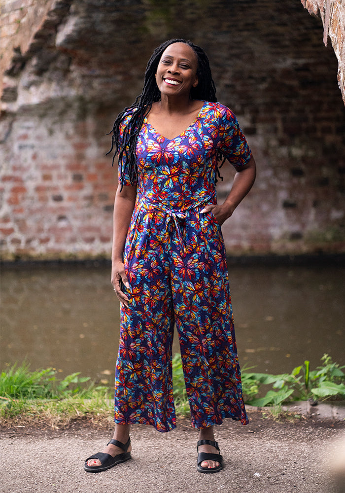 Nigella Stained Glass Butterfly Print Viscose Culotte Leg Jumpsuit