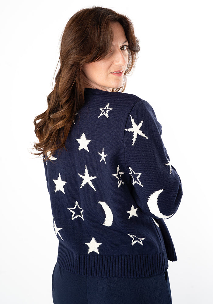 Front view of Night Sky Knit Cardigan (Navy and Ivory)