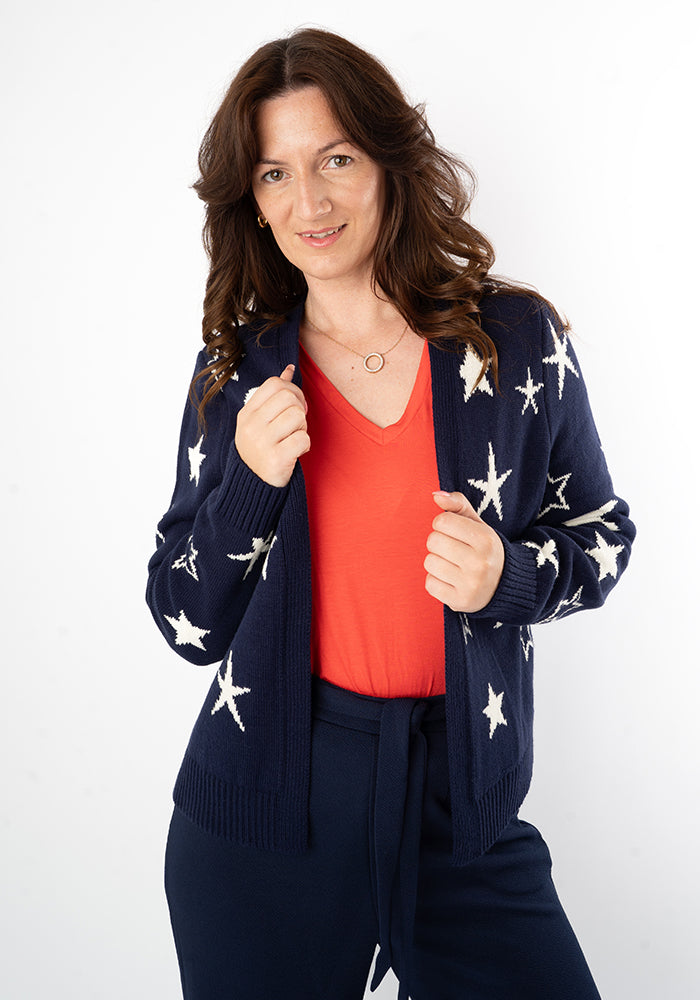 Third angle of Night Sky Knit Cardigan (Navy and Ivory)