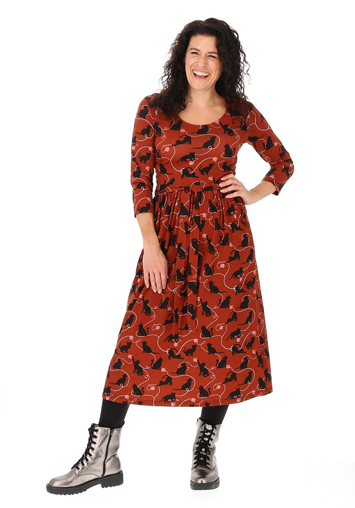 Nour Chestnut Playful Cats Print Cotton Midi Dress