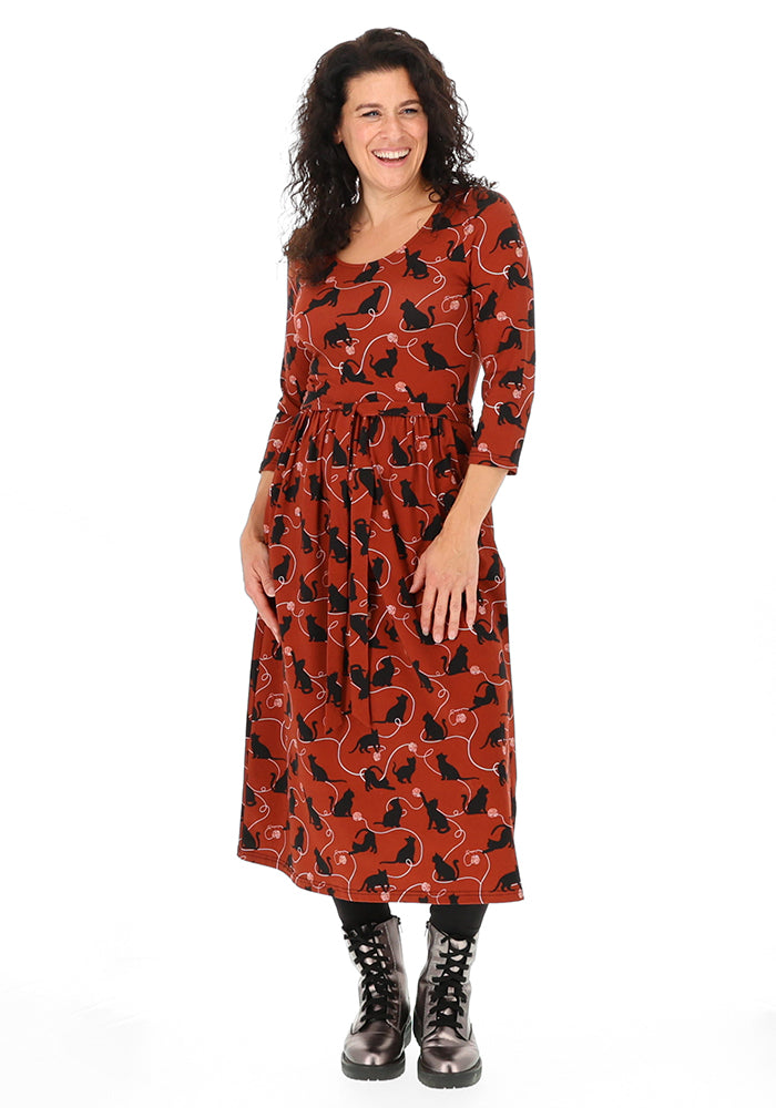 Nour Chestnut Playful Cats Print Cotton Midi Dress