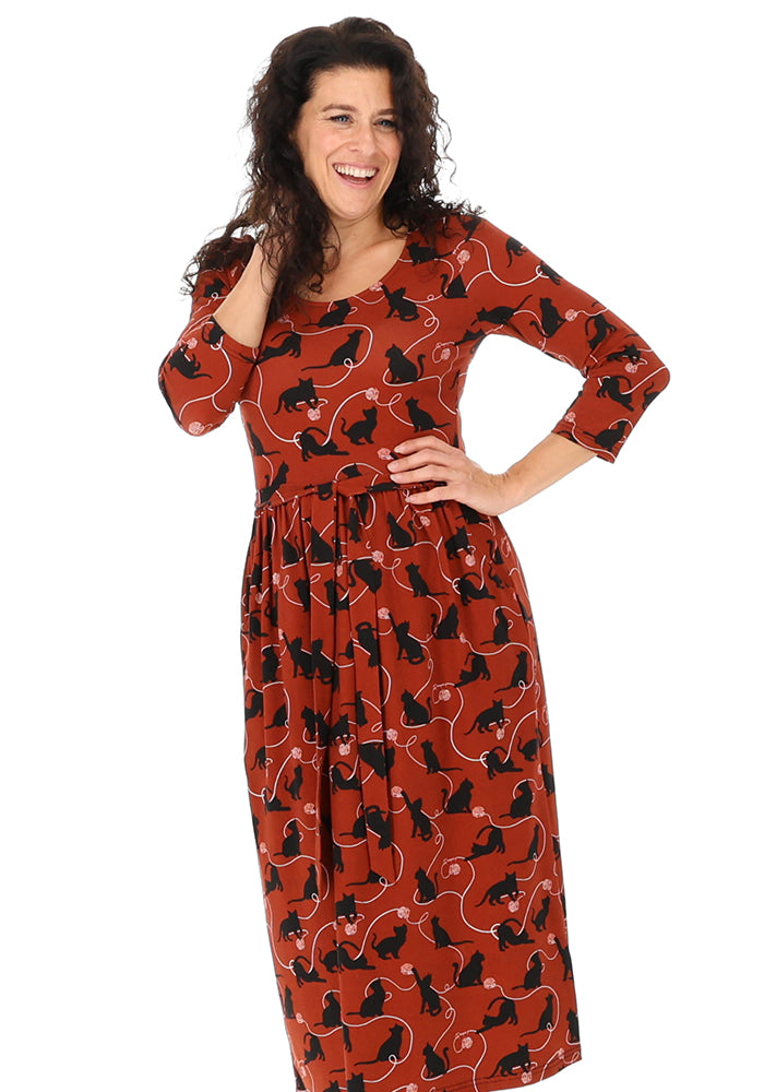 Nour Chestnut Playful Cats Print Cotton Midi Dress