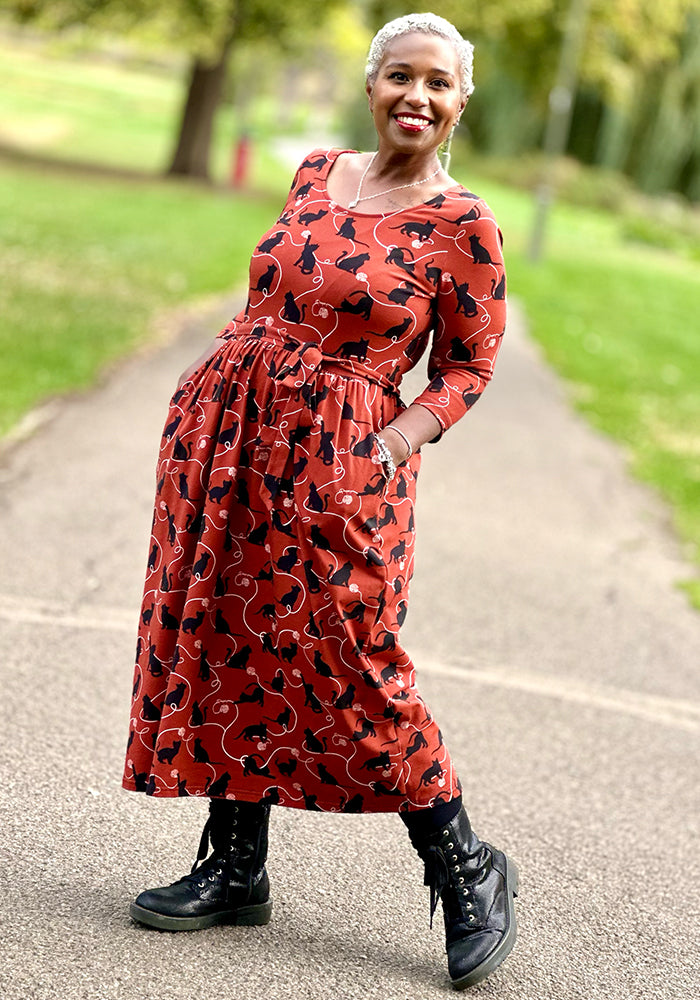 Nour Chestnut Playful Cats Print Cotton Midi Dress