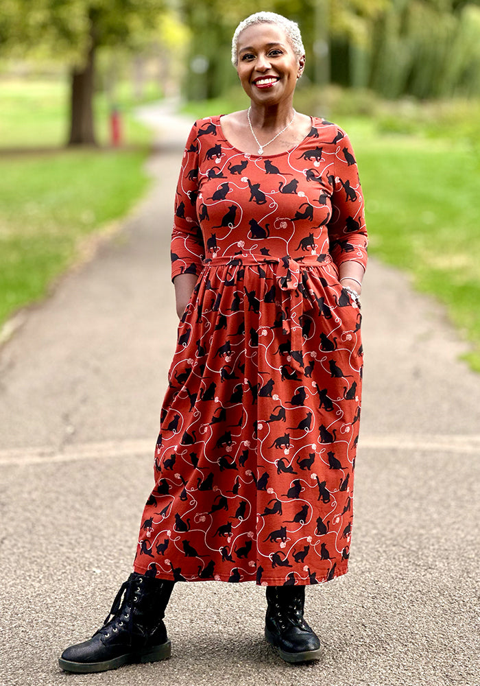 Nour Chestnut Playful Cats Print Cotton Midi Dress