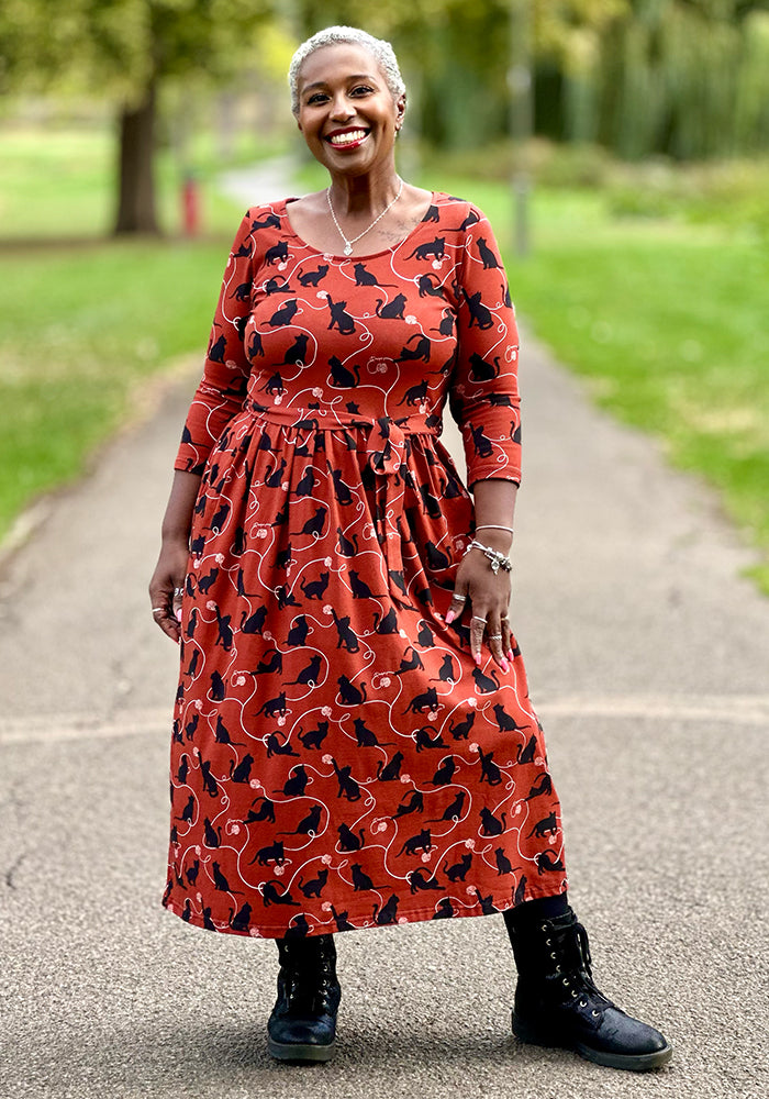 Nour Chestnut Playful Cats Print Cotton Midi Dress